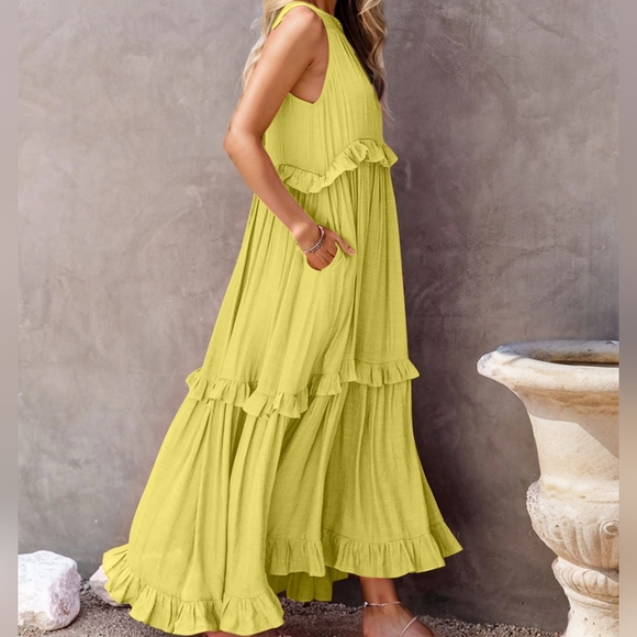 Ruffle Sleeveless Tie Back Tiered Summer Pocket Oversized High-Low Maxi Dress - Picture 9 of 13